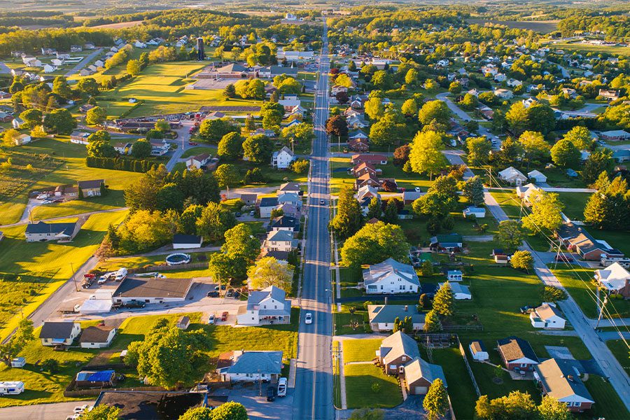 Jonestown, PA - Aerial View of Small Pennsylvania Town at Sunset